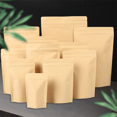 In Stock Brown Kraft Paper Bag With Aluminum Foil Zipper Vertical Standing Food Sealable Pouch For Coffee Tea Cookies Candy Nuts